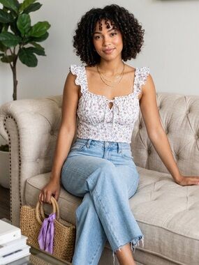 FREEDOM Floral Ruffle Strap Smocked Back Top M Cottagecore Tie Front